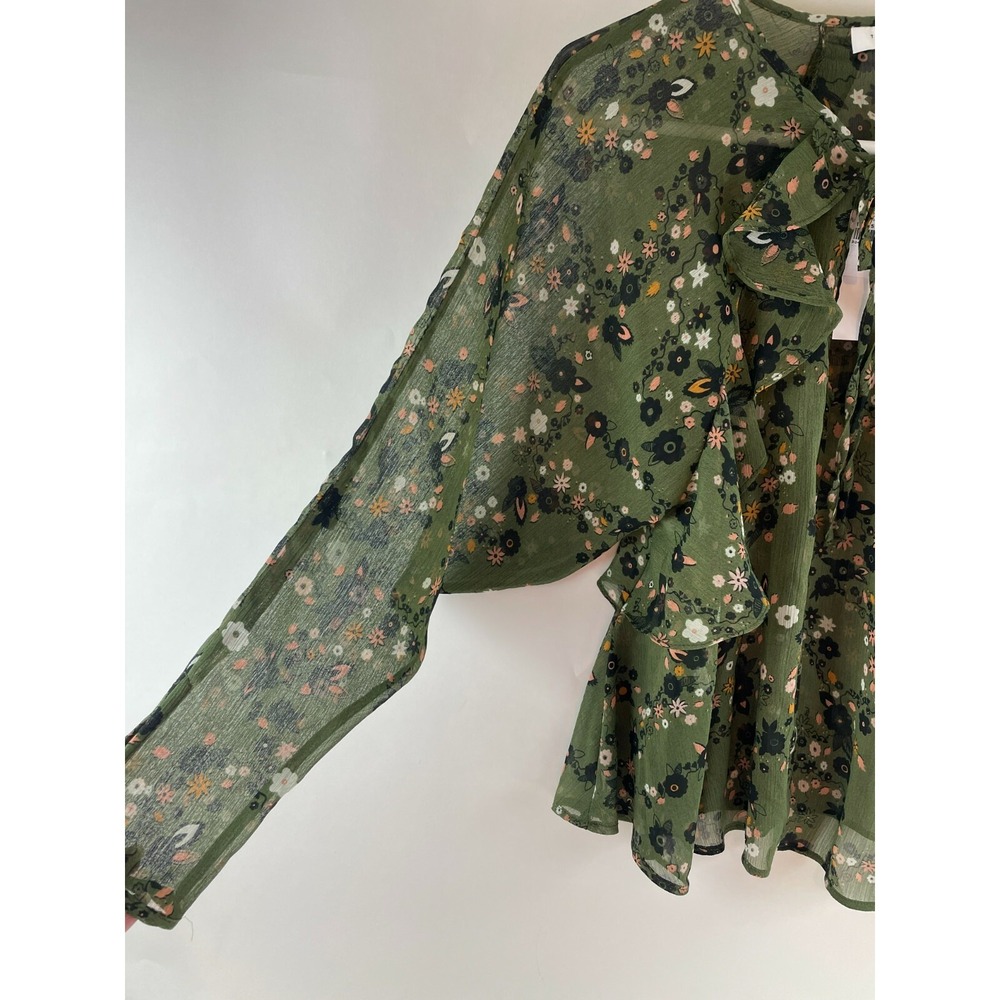 Topshop Blouse Women's Size 4 Green Floral Ruffles Long Sleeve Sheer Soft Top - Picture 3 of 11